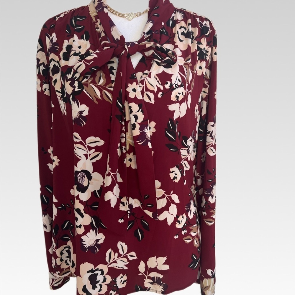 Calvin Klein Burgundy Floral Tie-Neck Blouse